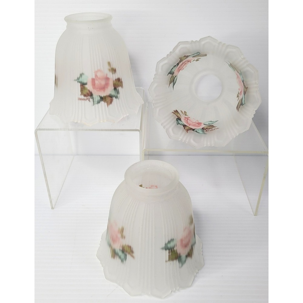 3 Reverse Hand Painted Satin Opaline Glass Floral Lamp Shade Ruffles Ribbed